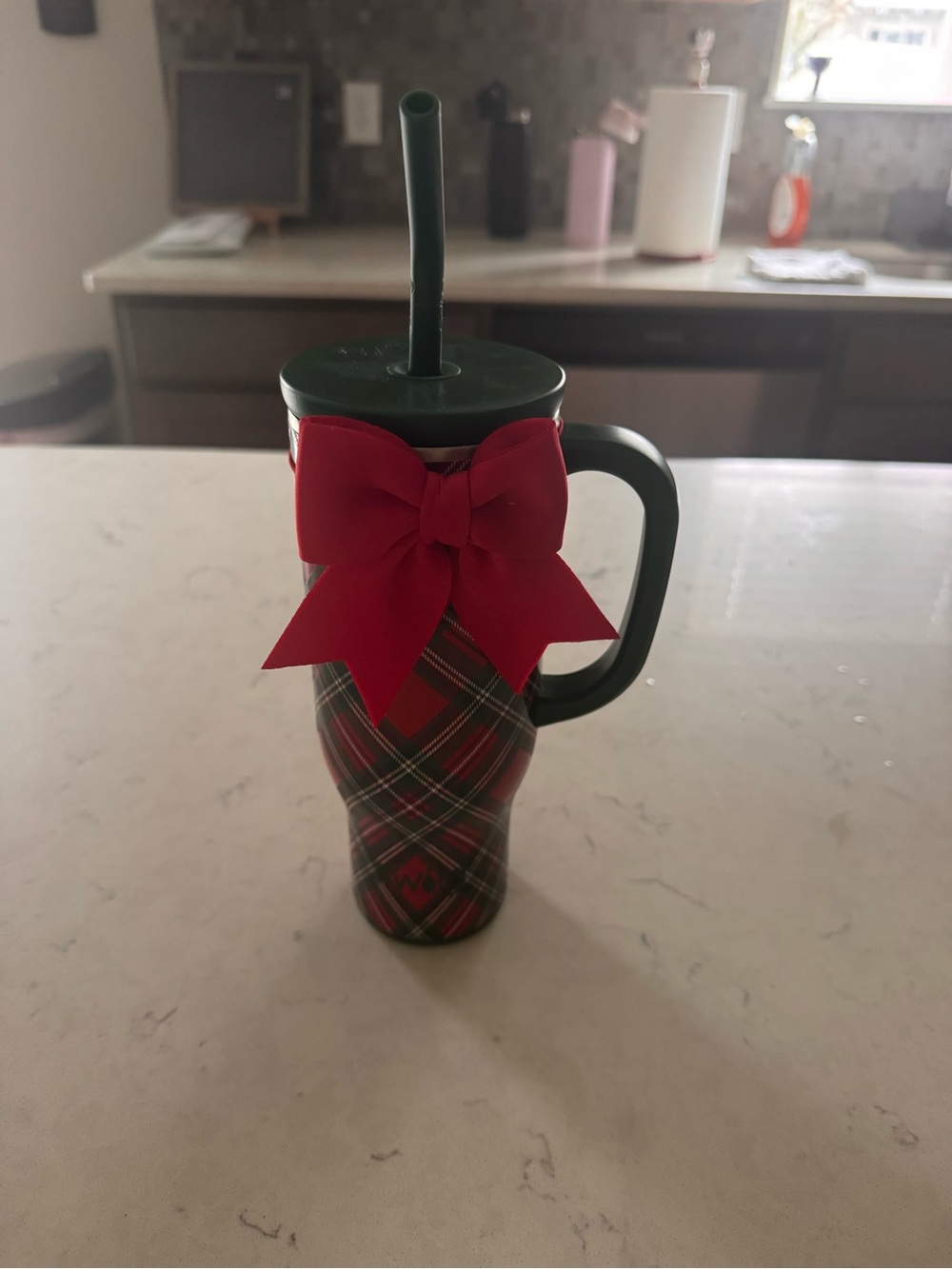 Holiday Plaid Travel Tumbler with Red Bow - Green Lid